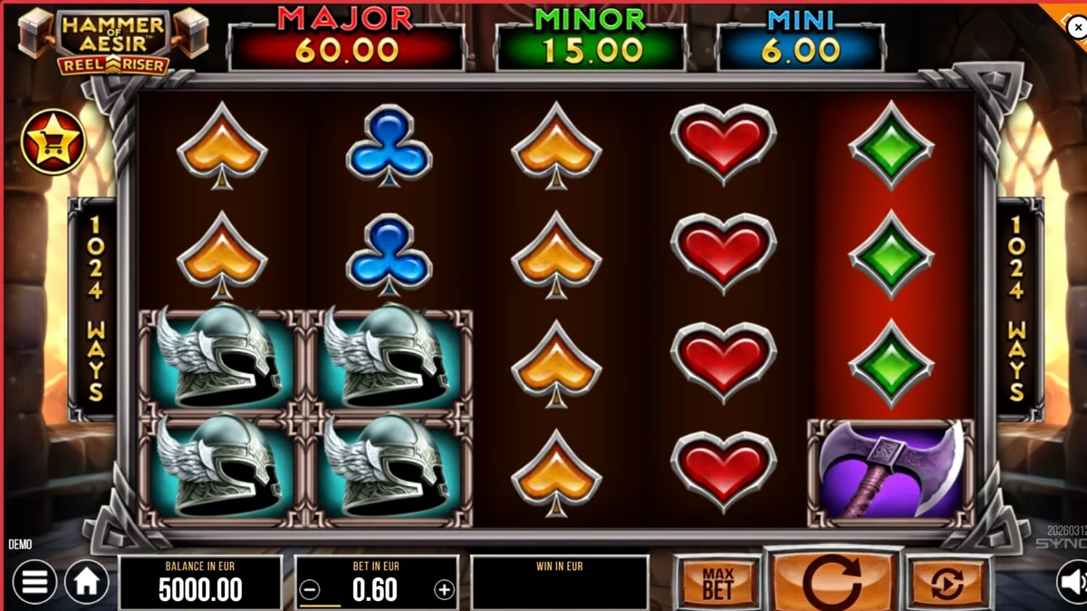 Hammer of Aesir slot machine interface featuring Norse mythology symbols.
