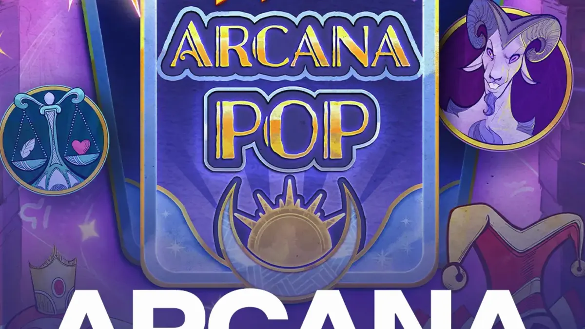 Arcana Pop slot game interface with tarot symbols and mystical design